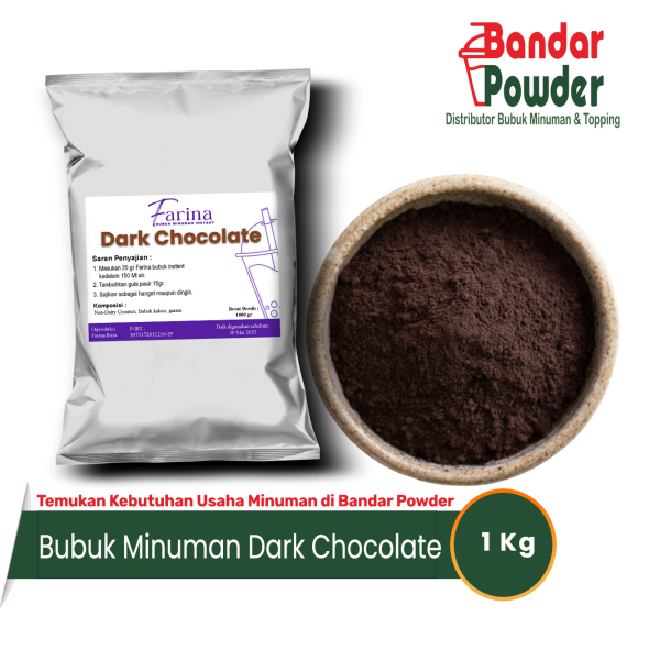 bubuk minuman dark chocolate 1kg - Merek farina - serbuk minuman yang buat usaha kamu makin cuan 1 kg bubuk bisa untuk 50 gelas 22oz hanya dengan 20gr kamu bisa buat minuman enak.