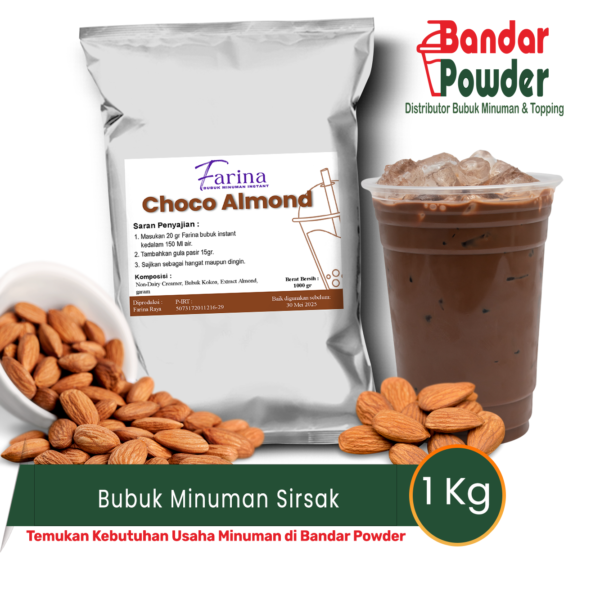 bubuk minuman Choco Almond 1kg - Merek farina - serbuk minuman cokelat almond yang buat usaha kamu makin cuan 1 kg bubuk bisa untuk 50 gelas 16oz hanya dengan 20gr kamu bisa buat minuman enak