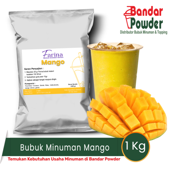 bubuk minuman Mango 1kg - Merek Farina - serbuk minuman buah mangga yang buat usaha kamu makin cuan 1 kg bubuk bisa untuk 50 gelas 16oz hanya dengan 20gr bubuk tanara kamu bisa buat minuman enak