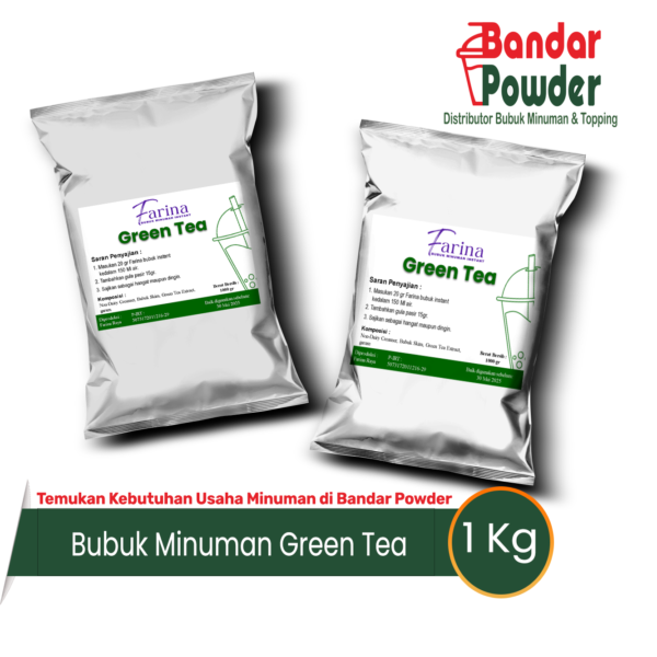 bubuk minuman green tea 1kg- merek farina - serbuk minuman teh hijau premium yang buat usaha kamu makin cuan 1 kg bubuk bisa untuk 50 gelas 16oz