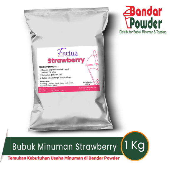 bubuk minuman strawberry - Merek Farina - serbuk minuman yang buat usaha kamu makin cuan 1 kg bubuk bisa untuk 50 gelas 16oz hanya dengan 20gr bubuk tanara kamu bisa buat minuman enak